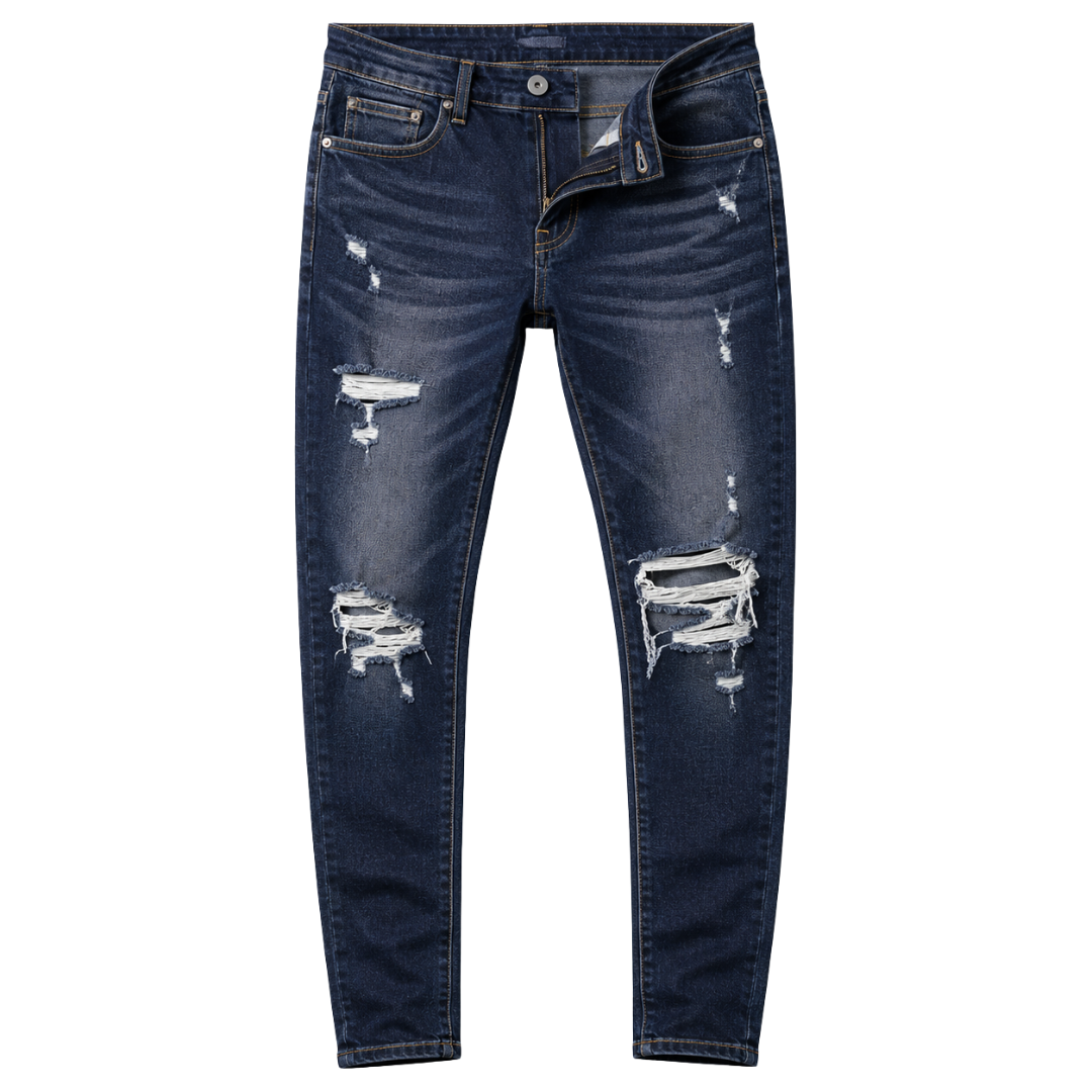 Distressed Slim-Fit Denim Jeans – Dark Indigo | Kollburm